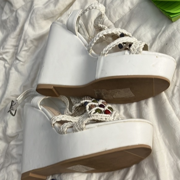 A white wedge ankle platform by Mackinac with beading and braided straps. - Picture 2 of 5